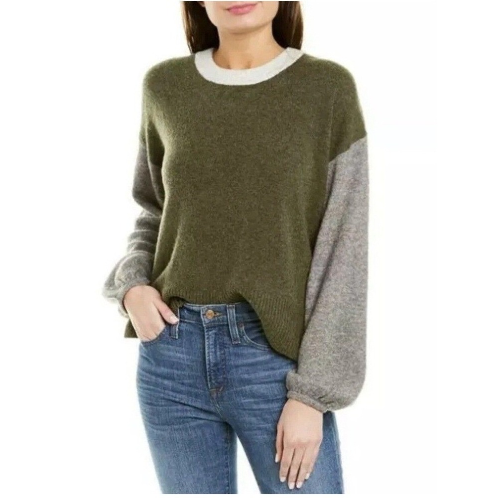 Madewell Colorblock Wool Blend Puff Sleeve Crewneck Sweater Green Grey Small